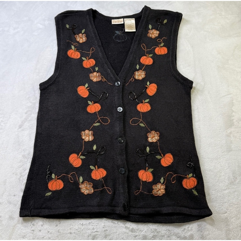 Vintage Bobbie Brooks Sweater Vest Pumpkin Embroidered Black Fall Size Medium